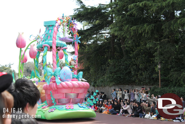 The finale float is s dance party with Minnie Mouse, Clarice and Marie.