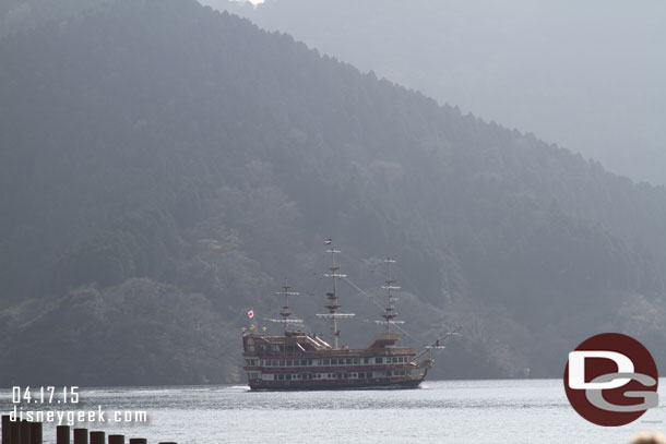 A pirate tour boat out on the lake.  It started to head toward the dock we were at and we thought it may be ours, but it passed by..