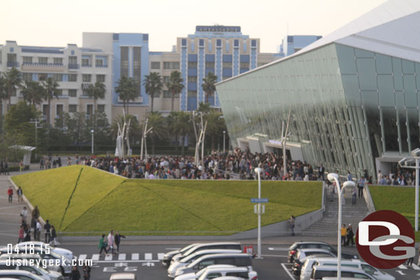 A crowd by the events center.