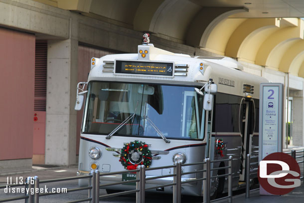 We watched/streamed the USC Football Game (they won so another good sign for the day).  It was just after 1:00pm when we ventured out again. Headed to Lunch and eventually DisneySea. Here is a Resort Cruiser at Bayside Station.