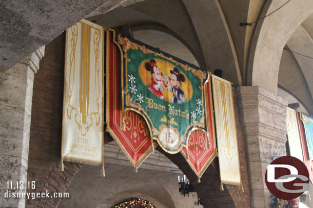 Christmas Banners overhead as you enter the park. This is the Mediterranean Harbor so of course it is in Italian.