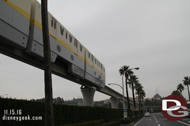 A monorail passing overhead as we crossed the street.