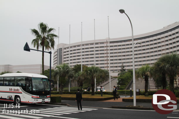 Looking back at the hotel.  Notice the people with suits.  They worked for the hotel and bus line and were there to help cross the street.