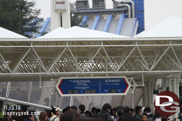 Space Mountain at 11:20am.  Not a bad return time but 70 min standby.