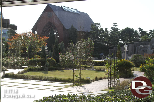 The garden area and beyond it a wedding pavilion. 