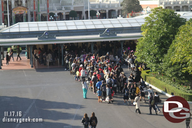 Arriving at Disneyland.  The lines were moving as it was just after 9 and the park was open now.