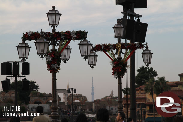 Tokyo Skytree Tower in the distance plus Splash Mountain and Cinderella Castle a little closer.