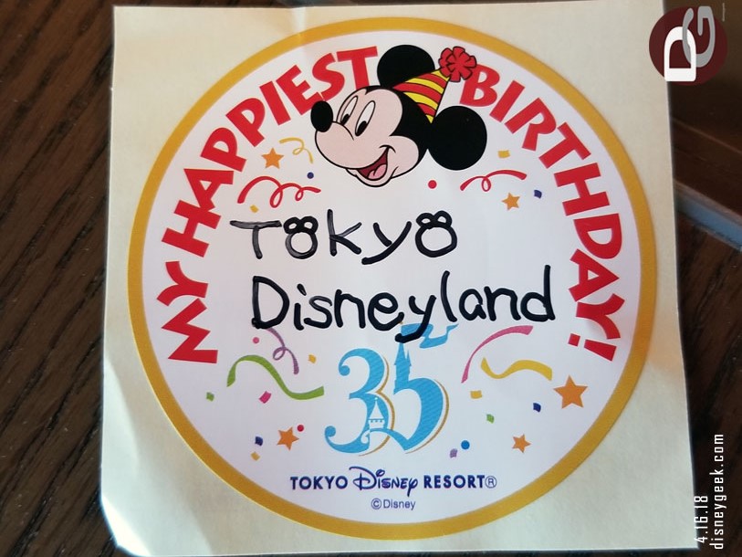 Starting off with a quick look at something I forgot to take a picture of yesterday.  A cast member gave us a birthday sticker for the 35th.