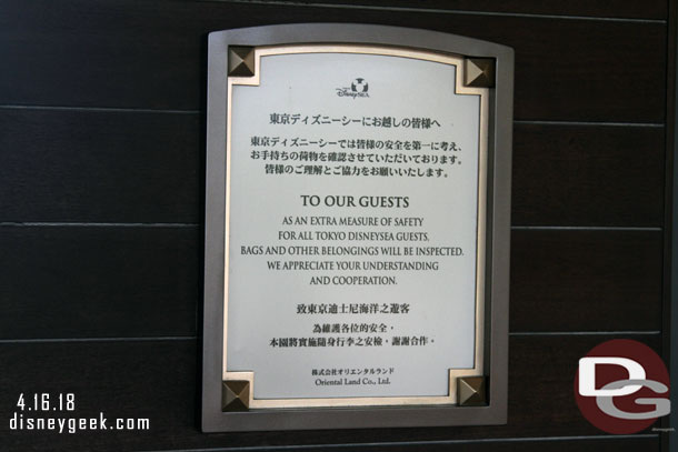 A notice about the bag check.
