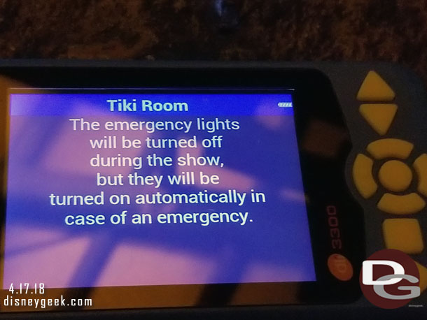 The Tiki Room is the one attraction that has a translation device available.  This is a huge benefit.  You just have to ask for it, some cast members will offer too.