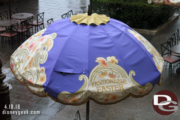 The umbrellas feature Easter and the 35th Anniversary of the Resort.