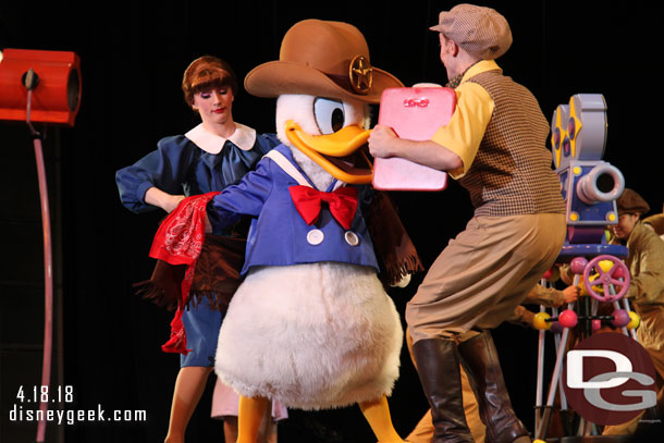 Donald Duck putting on his western wear for a film sequence.