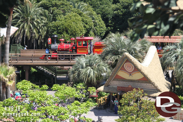 A train pulling into the station in Adventureland.