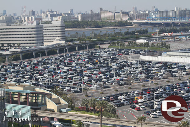 Back at the room and looking out, a good portion of the parking lot is filled at Tokyo Disneyland.  More than previous days.