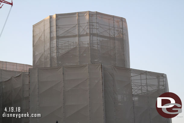 Scaffolding up as they construct the facade on the Soaring building.