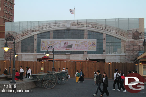 A scrim up on scaffolding in front of the Sailing Day Buffet which is closed to become a new dining location.