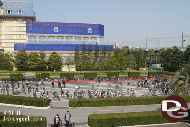 Bike racks with plenty of space this morning.  Beyond them a look at the Tokyo Disneyland Hotel renovation.