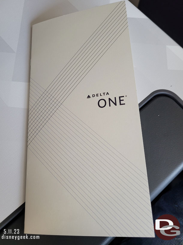 A printed menu for the flight, which matched the online one.