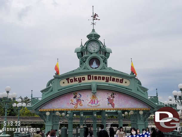 The rain let up slightly so we decided to walk to the Disneyland Station to catch the Monorail.  A 40th Anniversary banner.