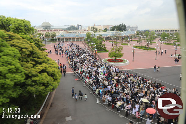 9:40am - The security line at Disneyland was not as spread out as DisneySea.  It is in a large corral on this side.  This was 40 minutes after park opening.