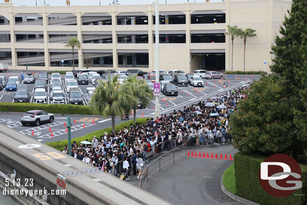 The security line on the other side stretched back toward the parking structure.