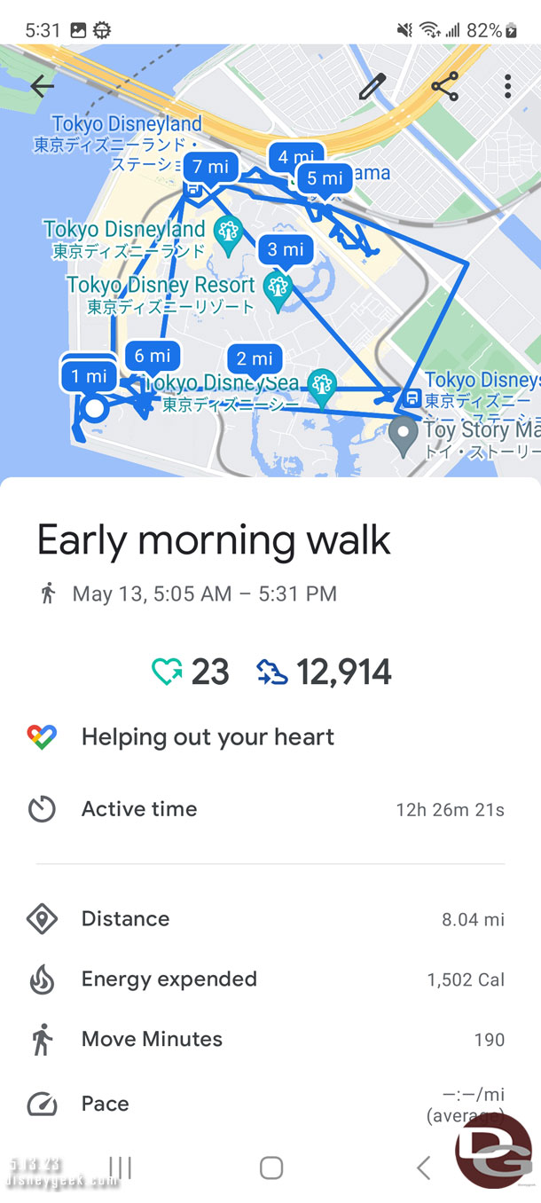 A map of my travels. You an see where the GPS lost track of me and jumped across the parks vs going around them.