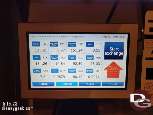 Current currency exchange rates in the lobby.