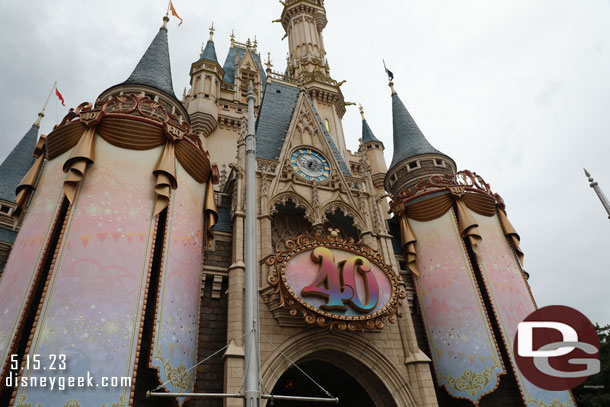 Cinderella Castle has some 40th anniversary decorations on the front side.