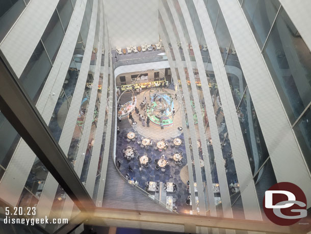 Looking down at the courtyard from the glass elevator as we headed back to the room.