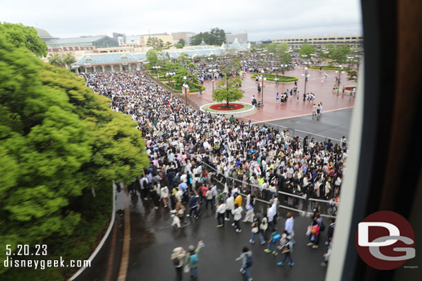 8:32am - The security line for Disneyland on the resort gateway side.