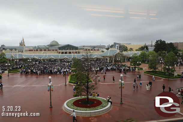 Guests queued up at the park entrance after security.