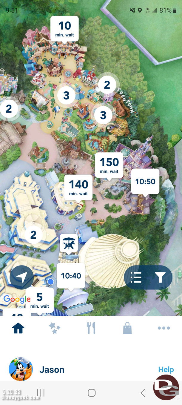 9:51am - A check of the wait times this morning.  Notice Star Tours is only 5 min.. where as BayMax is 140 and Beauty and the Beast 150.
