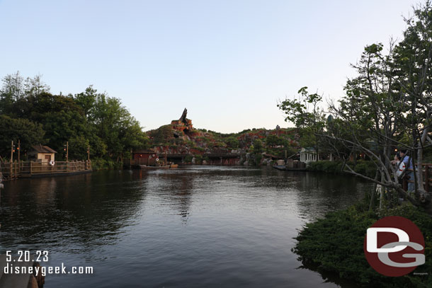 A quiet Rivers of America with the Mark Twain closed for renovation and everything else closed for the evening.