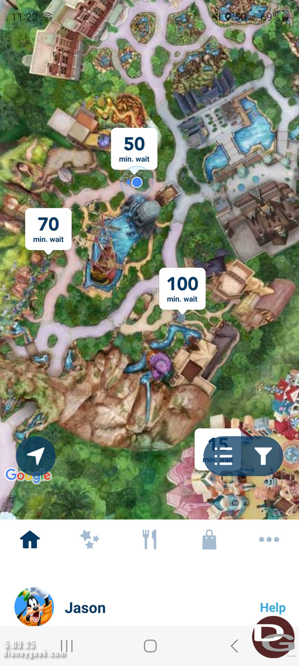 11:22am - A check of the Fantasy Springs wait times while in line.
