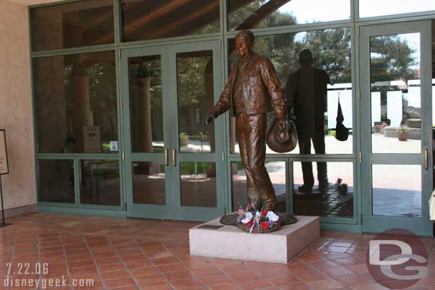 A statue of president Reagan greets you.