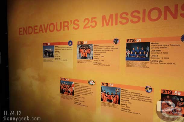 This wall featured a look at all the missions Endeavour flew.