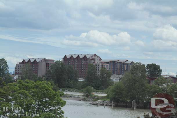 A large hotel in the distance.