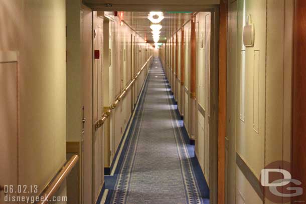 Just before 6am now and the hallway is quiet.. you could see all the way to the front of the ship with no one out yet.