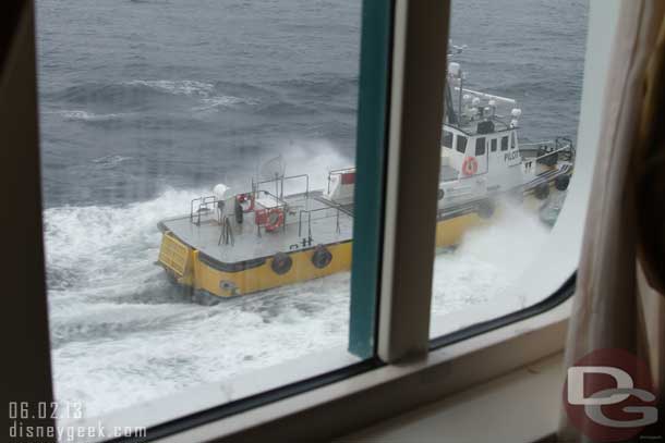 While eating breakfast a pilot boat pulled up outside.