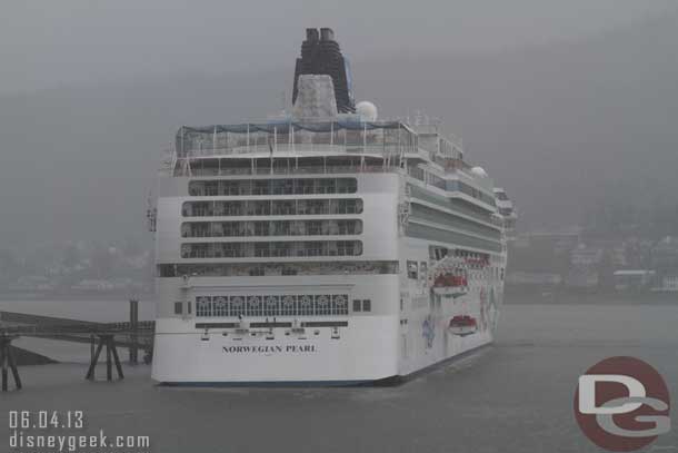 Here you can see the NCL ship lowering a boat.  Also notice the heavy rain..