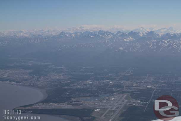 We were airborne about quarter to 12.  A look back at the airport and Anchorage as we bid farewell to Alaska.