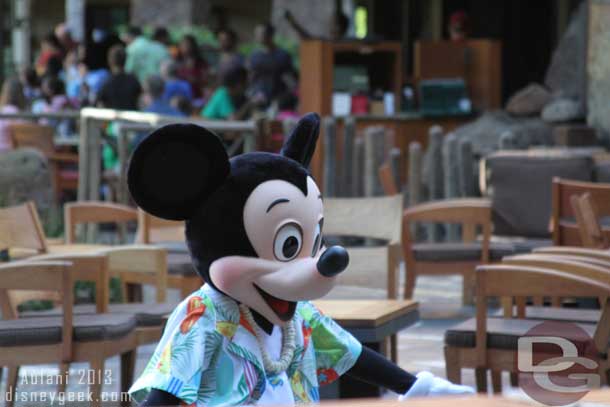 The Disney Characters were around the resort, they had scheduled Meet and Greets through the day in Waikolohe Valley and were at events, like the character breakfast, the pool party, etc.. the storyline is your Disney Friends are on vacation too at Aulani.