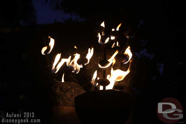 A close up of one of the torches at night.  