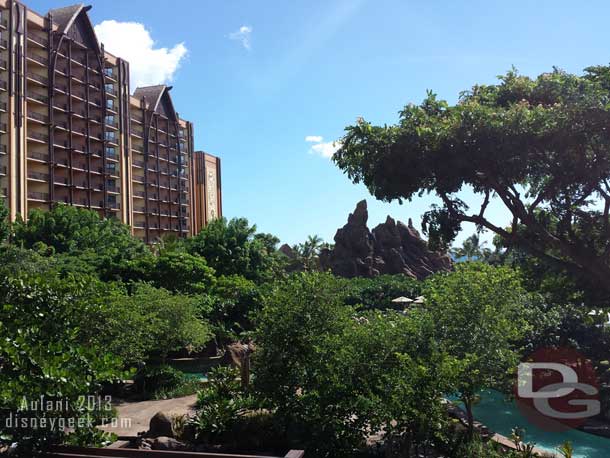 The valley is flanked by the two Towers that make up Aulani.  On the left is the Ewa Tower.