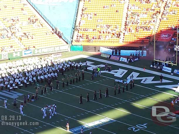 As part of their pre-game they play the theme from Hawaii 5-0 and a cheerleaders surfs on the field.