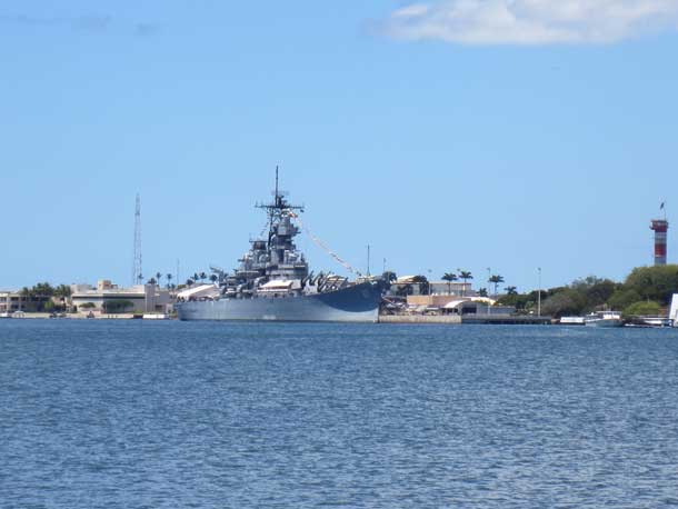 A closer look at the Missouri across the harbor.