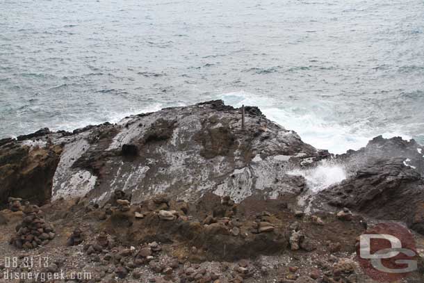 Just a little bit of water coming up.  For those not familiar this rock formation will funnel water up from below and create a fountain, it looks like a whales blow hole.  