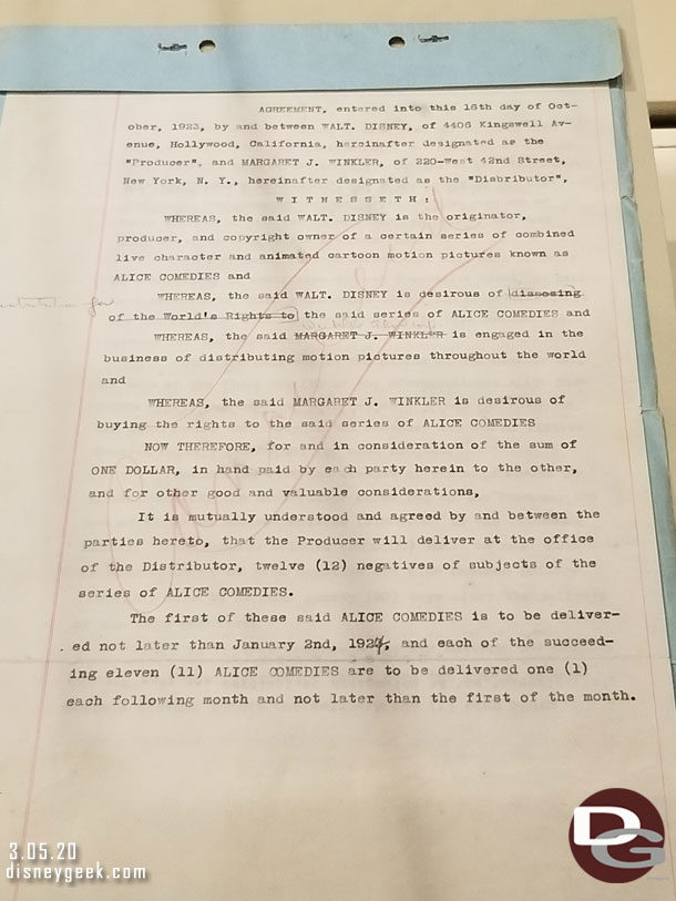 This is the founding document for the Walt Disney Company from October 16, 1923.  It is the Alice Comedies Contract.