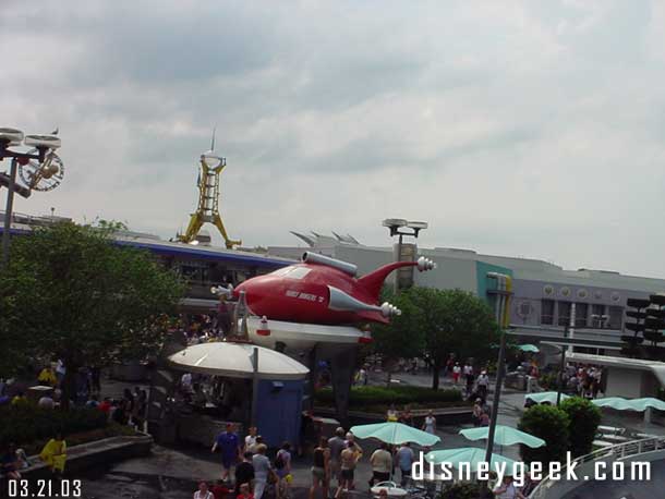 Tomorrowland with people milling around, becoming a rare sight at Disneyland...