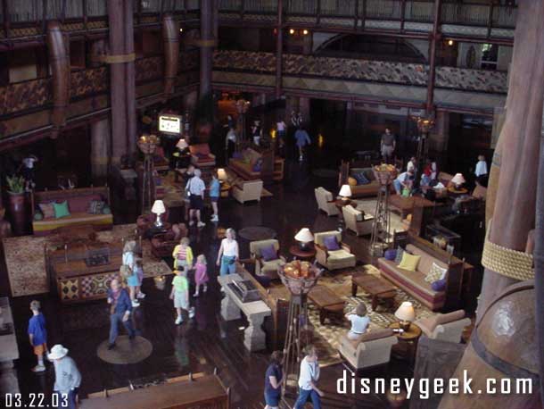 Looking down from the bridge into the lobby.